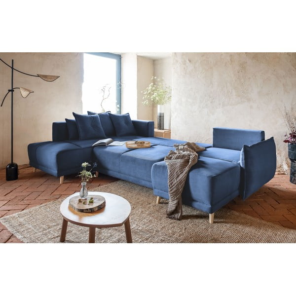 Divano letto angolare in velluto a coste blu scuro (angolo sinistro/"U") Lazy Lukka - Miuform-image-4
