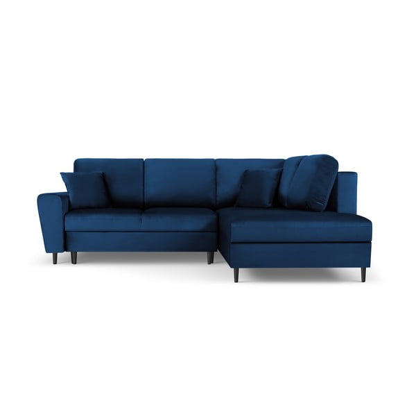 Divano angolare blu allungabile e con contenitore (con penisola a destra/a L) con rivestimento in velluto Kyoto – Cosmopolitan Design