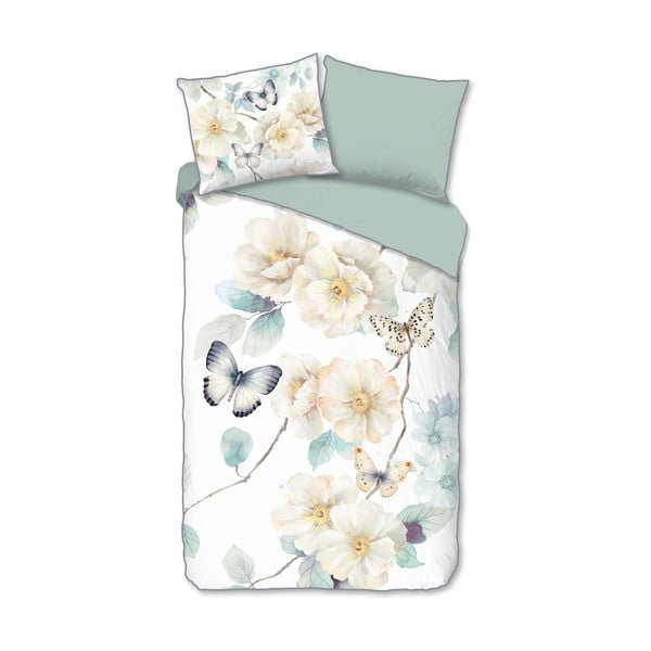 Set copripiumino e federa bianco/verde in raso di cotone per letto singolo ed esteso 140x220 cm Adiwanya – Descanso