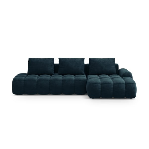 Divano angolare color petrolio allungabile/con contenitore (con penisola a destra/con chaise lounge) con rivestimento in velluto Linz – Cosmopolitan Design