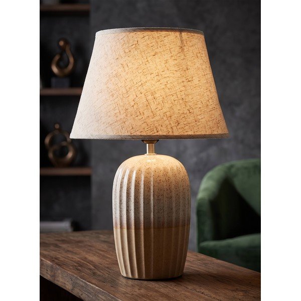 Lampada da tavolo color crema in ceramica con paralume in tessuto (altezza totale 44 cm) Japandi – Mauro Ferretti-image-1