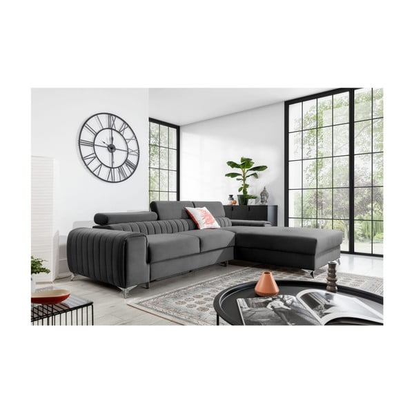 Divano angolare grigio scuro allungabile/con contenitore (con penisola a destra/con chaise lounge) e rivestimento in velluto Grayson – ELTAP-image-1