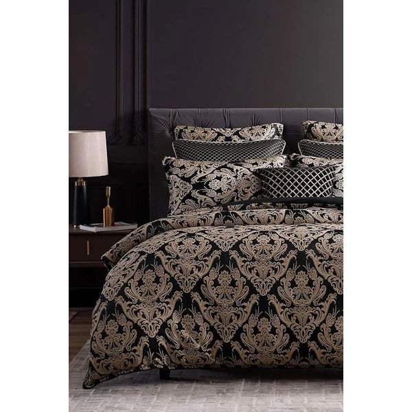 Set copripiumino e federa nero in cotone renforcé per letto matrimoniale/per letto esteso con lenzuolo incluso/4 pezzi 200x220 cm Damask – Mila Home-image-2