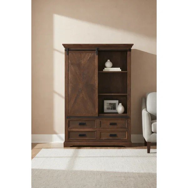 Libreria marrone in mango massiccio con porte scorrevoli 110x160x40 cm Don Barn – Støraa-image-3