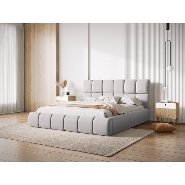 Letto matrimoniale imbottito in grigio chiaro in velluto con contenitore con rete inclusa 180x200 cm Bellis – Micadoni -image-1