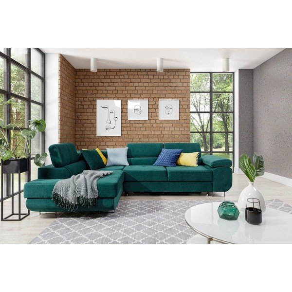 Divano angolare verde allungabile/con contenitore (con penisola a sinistra/a L) e rivestimento in velluto Anton – ELTAP-image-1