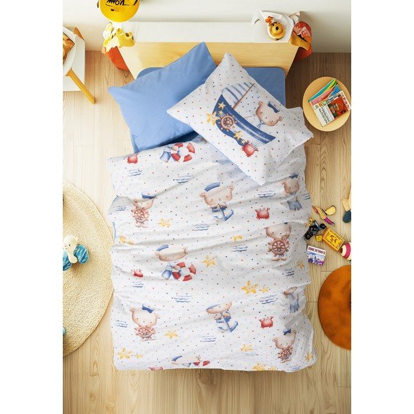Set copripiumino e federa da bambini bianco/blu in cotone renforcé per culla con lenzuolo incluso/4 pezzi 100x150 cm Seaman – Mijolnir-image-1