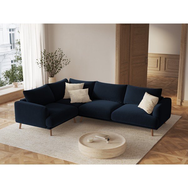 Divano angolare blu scuro (con penisola a sinistra/a L) con rivestimento in velluto Naomi – Micadoni -image-1