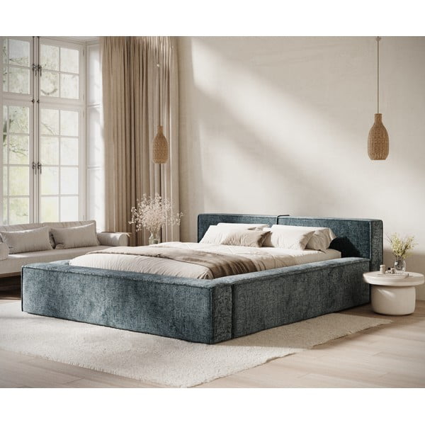 Letto matrimoniale imbottito blu polveroso con contenitore e rete inclusi 180x200 cm Voliera – Maison de Rêve-image-1