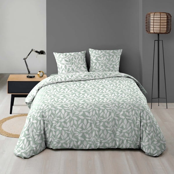 Set copripiumino e federa bianco/verde in microfibra per letto matrimoniale ed esteso 240x220 cm Sequoia – douceur d'intérieur-image-1
