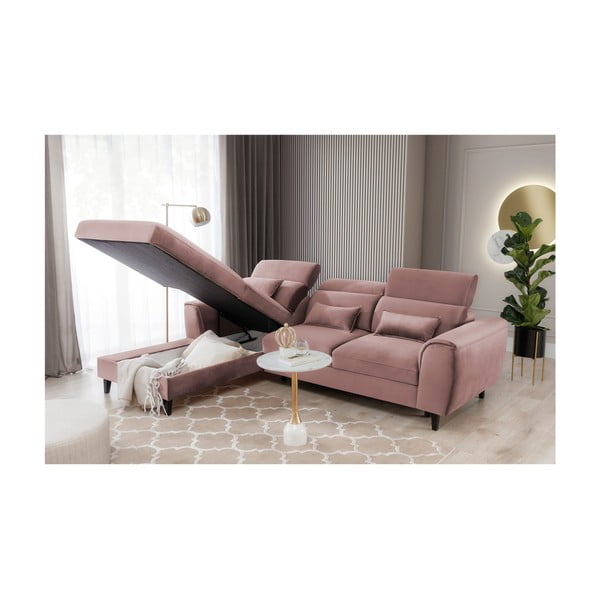 Divano angolare rosa allungabile/con contenitore (con penisola a sinistra/con chaise lounge) e rivestimento in velluto Foble – ELTAP-image-4