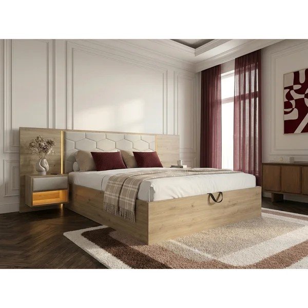 Letto matrimoniale imbottito/in truciolato beige con contenitore con rete inclusa 160x200 cm Palmeraie – Bobochic Paris-image-1