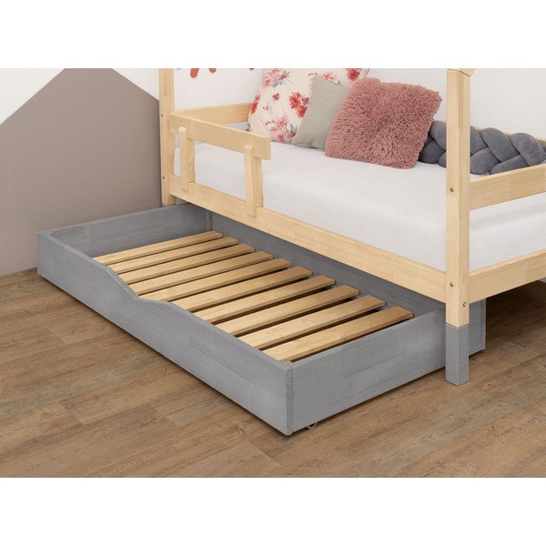 Cassetto in legno grigio sotto il letto con griglia Buddy, 120 x 180 cm - Benlemi-image-1