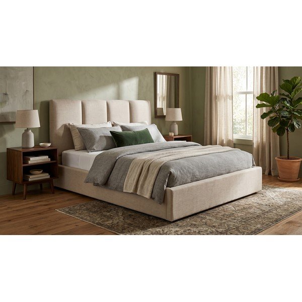 Letto matrimoniale imbottito beige con contenitore con griglia 180x200 cm Juniper - Mazzini Beds-image-1