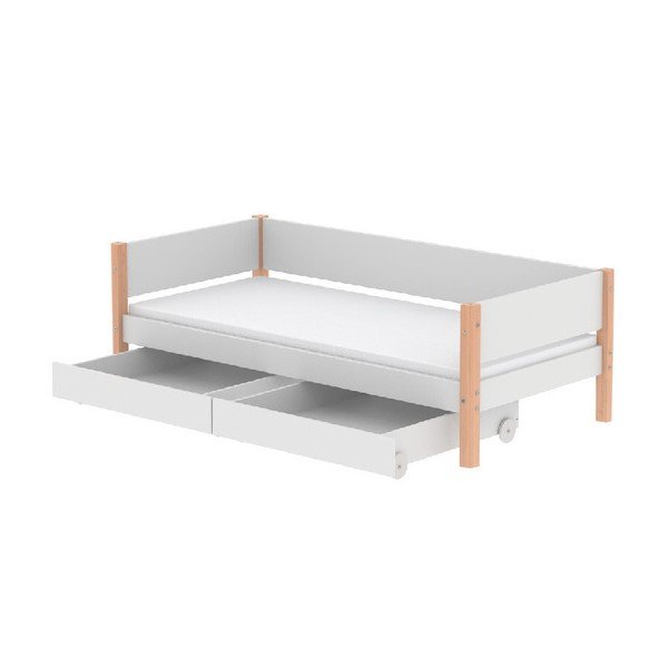 Bílá dětská postel s přírodními nohami a 2 zásuvkami Flexa White Single, 90 x 200 cm