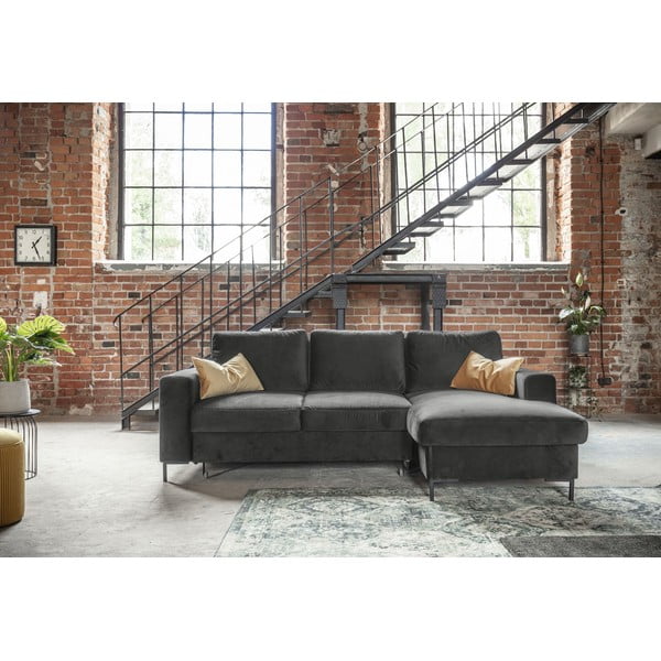Divano letto angolare in velluto grigio scuro, angolo destro Lofty Lilly - Miuform-image-1