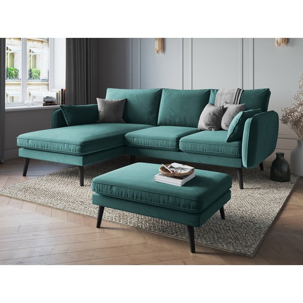 Sgabello in velluto blu petrolio con gambe nere Lento - Kooko Home-image-1