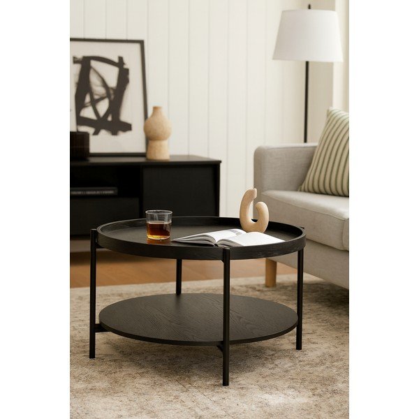 Tavolino da salotto rotondo nero con effetto rovere ø 64 cm Hagen – Bonami Essentials-image-3