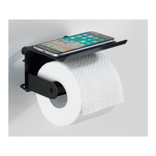 Porta carta igienica a parete nero con supporto per cellulare Classic Plus - Wenko-image-1