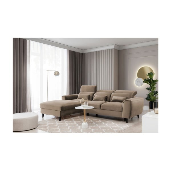 Divano angolare marrone chiaro allungabile/con contenitore (con penisola a sinistra/con chaise lounge) e rivestimento in velluto Foble – ELTAP-image-3