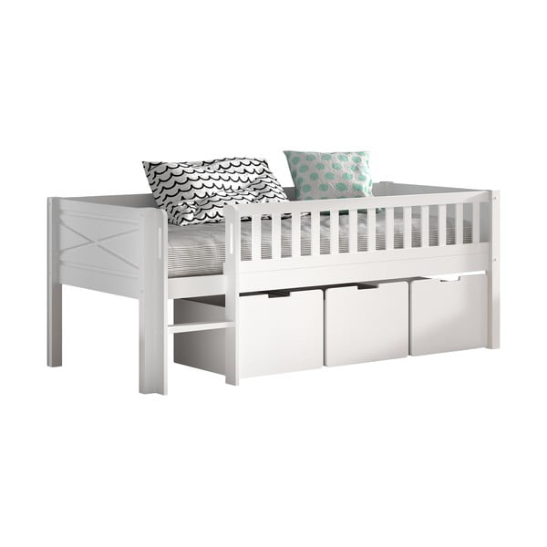 Letto da bambini rialzato bianco in pino massiccio con contenitore con rete inclusa 90x200 cm Scott – Vipack