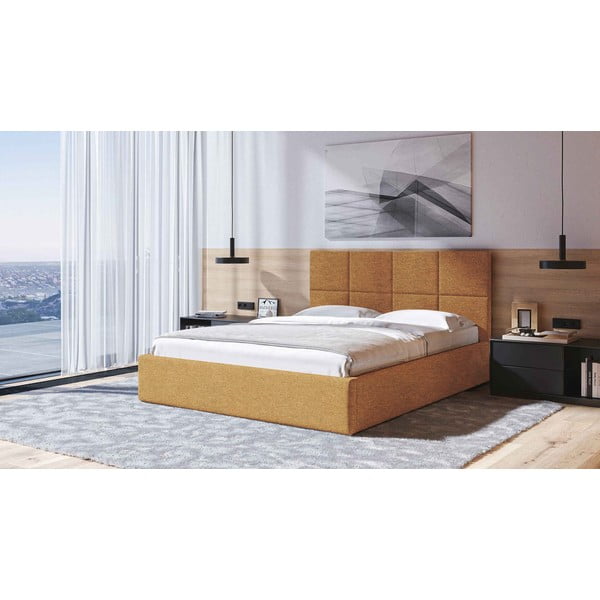 Letto matrimoniale imbottito giallo ocra con contenitore con rete inclusa 180x200 cm Bufo – MESONICA-image-1