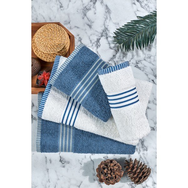 Set di asciugamani per viso e corpo bianchi e blu in cotone 4 pz – Mila Home-image-4