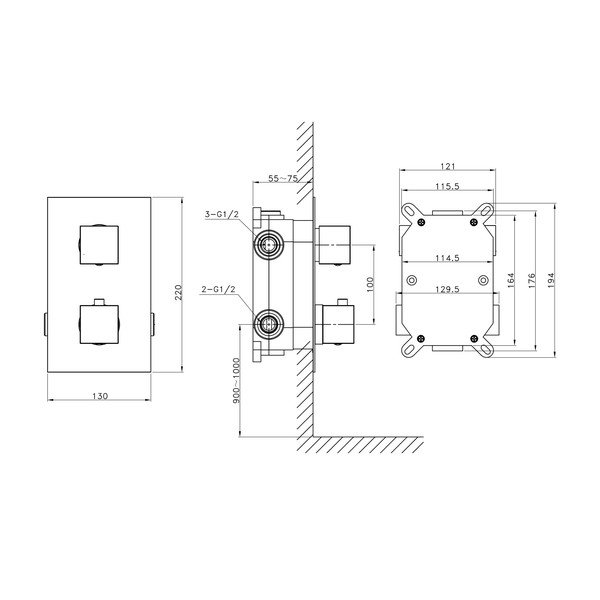 Rubinetto per doccia in argento lucido da incasso (con tre uscite) Latus – Sapho-image-3