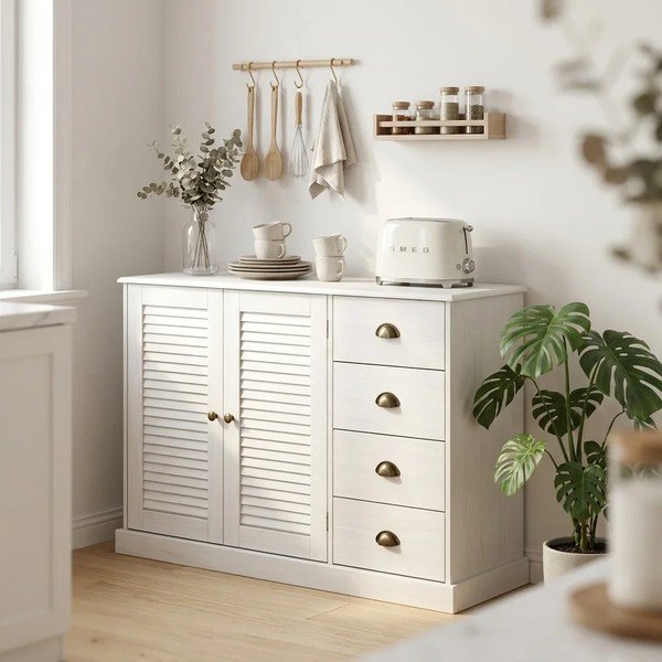 Credenza bianca in pino massiccio 125x80x38 cm Edith – Støraa-image-1