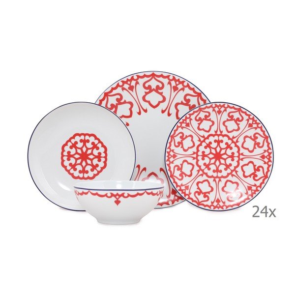 Set 24 pezzi in porcellana bianca con motivo rosso Desen - Kütahya Porselen