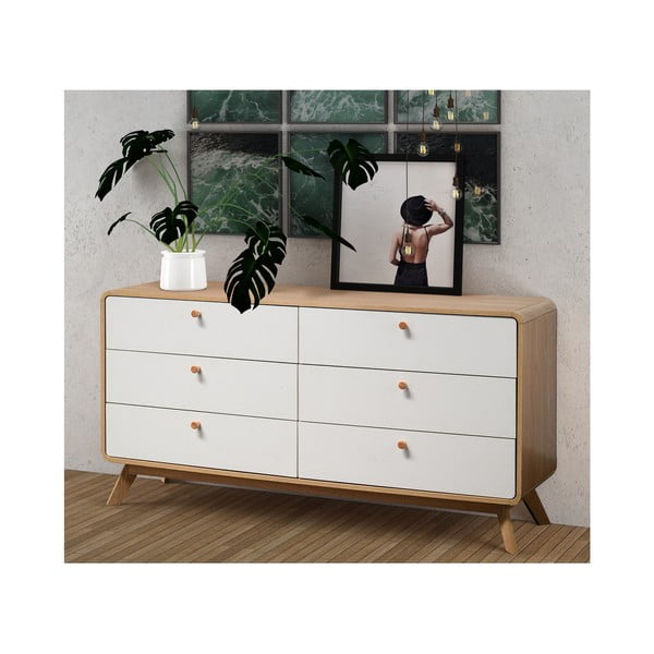 Cassettiera bassa bianca con effetto rovere 150x74 cm Caitlin - Støraa-image-3