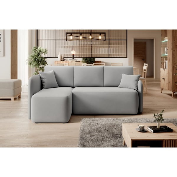 Divano angolare grigio chiaro allungabile/con contenitore (con penisola a sinistra/con chaise lounge) e rivestimento in velluto Hadson – ELTAP-image-1