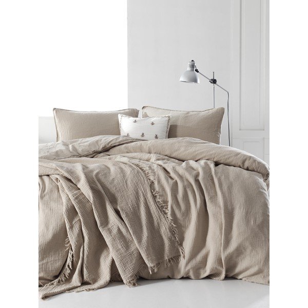 Biancheria da letto in mussola beige per letto matrimoniale 200x200 cm Stonewashed - Mijolnir-image-1
