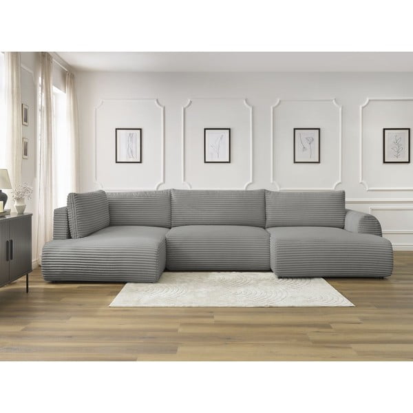 Divano angolare grigio scuro allungabile/con contenitore (con penisola a sinistra/a U) con rivestimento in velluto a coste Lucien – Bobochic Paris-image-1