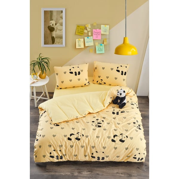 Set copripiumino e federa giallo per letto singolo o esteso con lenzuolo incluso/3 pezzi 160x220 cm Panda – Mila Home-image-1