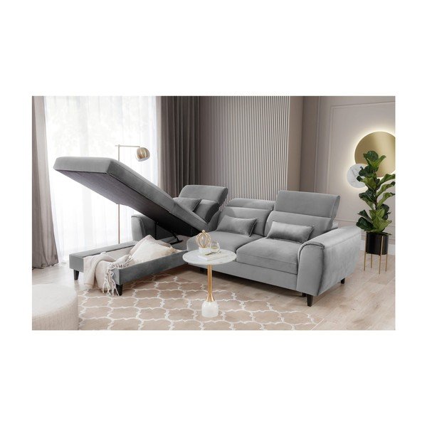 Divano angolare grigio allungabile/con contenitore (con penisola a sinistra/con chaise lounge) e rivestimento in velluto Foble – ELTAP-image-4