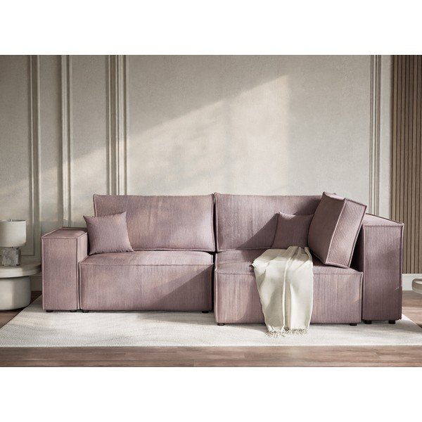 Divano angolare viola allungabile/con contenitore (con penisola a destra/a L) con rivestimento in velluto a coste Tonga – Maison de Rêve-image-1