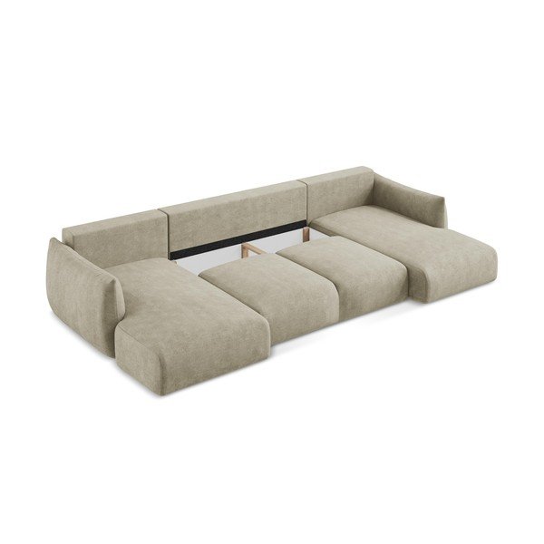 Divano angolare beige allungabile (a U) con rivestimento in ciniglia Leila – Makamii-image-4