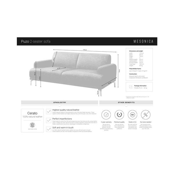 Divano in pelle marrone cognac, 170 cm Puzo - MESONICA-image-4