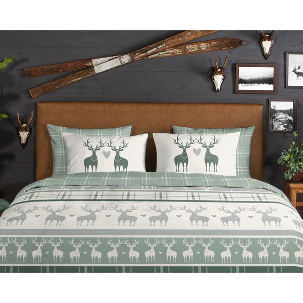 Set lenzuola letto matrimoniale in flanella verde-crema 200x220 cm Bjirk - Good Morning-image-2