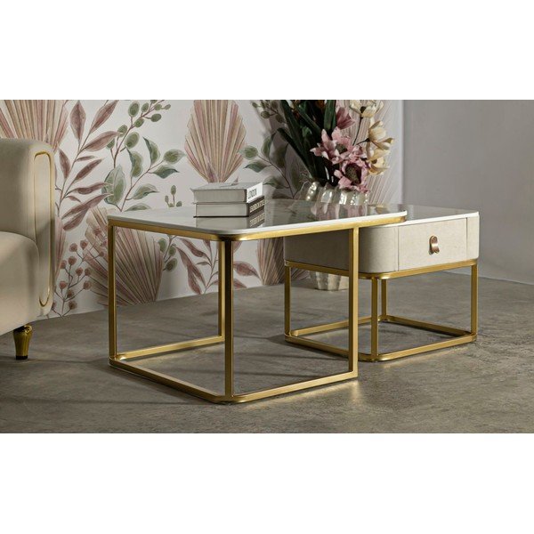 Set di tavolini da salotto color crema/dorati con effetto marmo 2 pz 50x70 cm Beauty – Mauro Ferretti-image-1