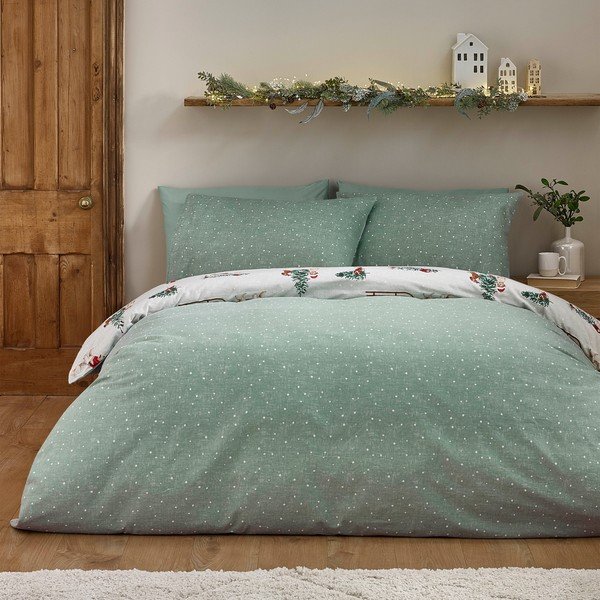 Set copripiumino e federa verde/di colore naturale in flanella per letto matrimoniale 200x200 cm Brushed Christmas Dogs – Catherine Lansfield-image-1