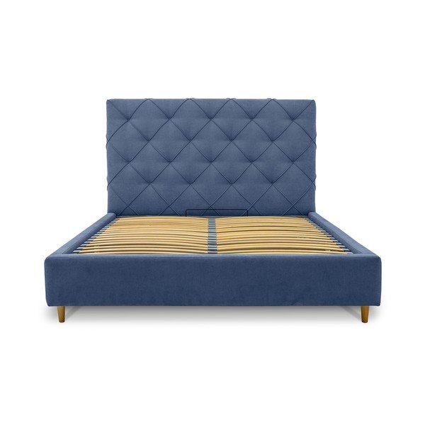 Letto matrimoniale imbottito blu con contenitore e griglia 160x200 cm Bee - Scandic-image-3