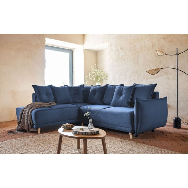 Divano letto angolare in velluto a coste blu scuro (angolo sinistro) Lazy Lukka - Miuform-image-1