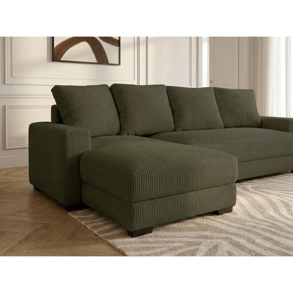 Divano angolare verde allungabile/con contenitore (con penisola a sinistra/con chaise lounge) con rivestimento in velluto a coste Campi – Bobochic Paris-image-4