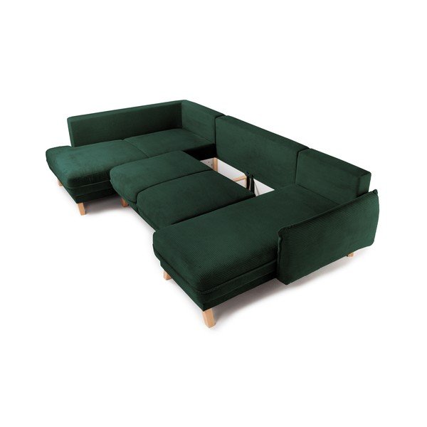 Divano angolare verde scuro allungabile/con contenitore (con penisola a sinistra/a U) con rivestimento in velluto a coste Tori – Bonami Selection-image-2