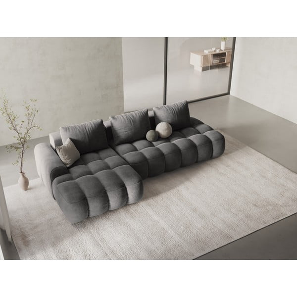Divano angolare grigio allungabile/con contenitore (con penisola a sinistra/con chaise lounge) con rivestimento in velluto Linz – Cosmopolitan Design-image-1