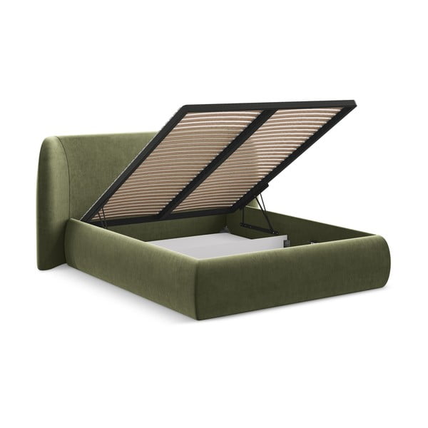 Letto matrimoniale imbottito verde con contenitore con griglia 160x200 cm Hauke - Makamii-image-2