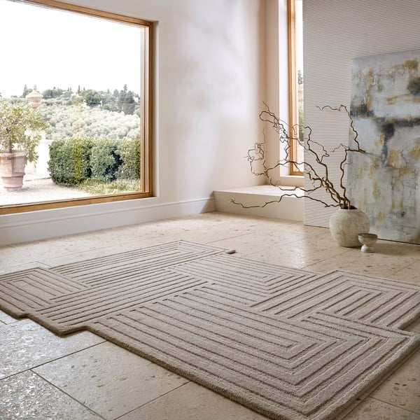Tappeto beige in lana tessuto a mano 200x290 cm Zen Rectangles – Flair Rugs-image-1
