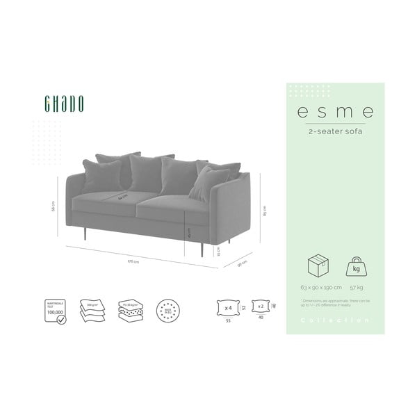 Divano in velluto grigio, 176 cm Esme - Ghado-image-2